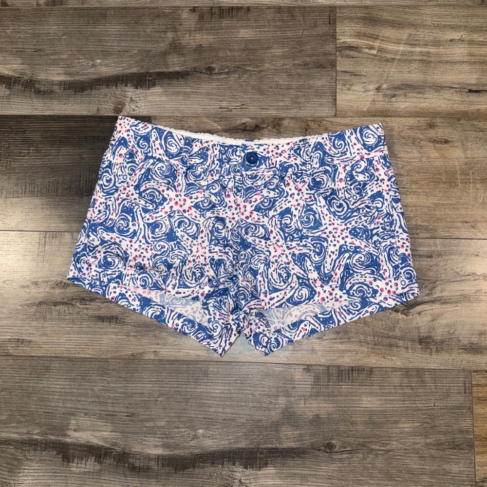Lilly Pulitzer Walsh Shorts Size 8 Blue White Print Cotton‎ Flat Front